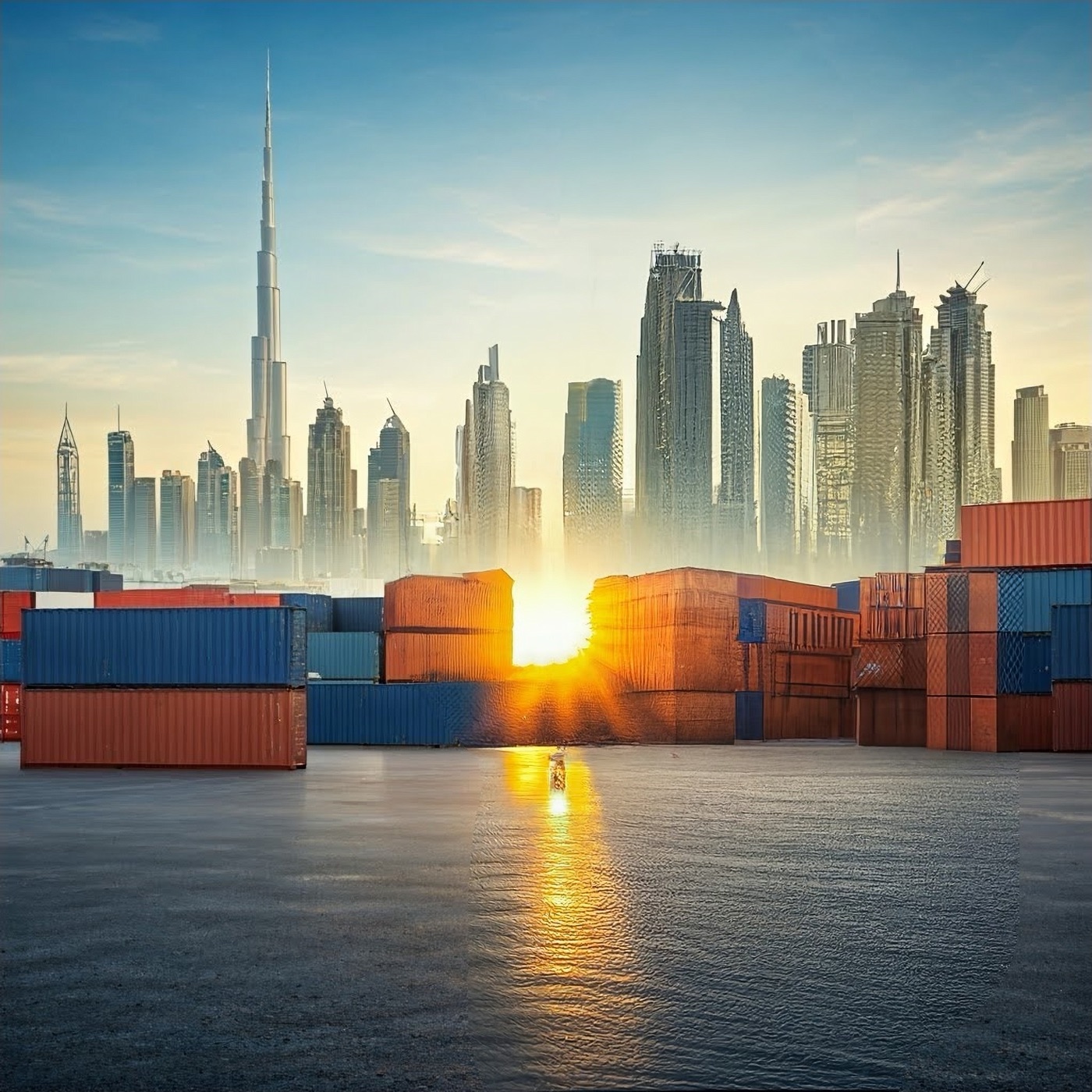 Shipping containers against the Dubai skyline at sunrise
